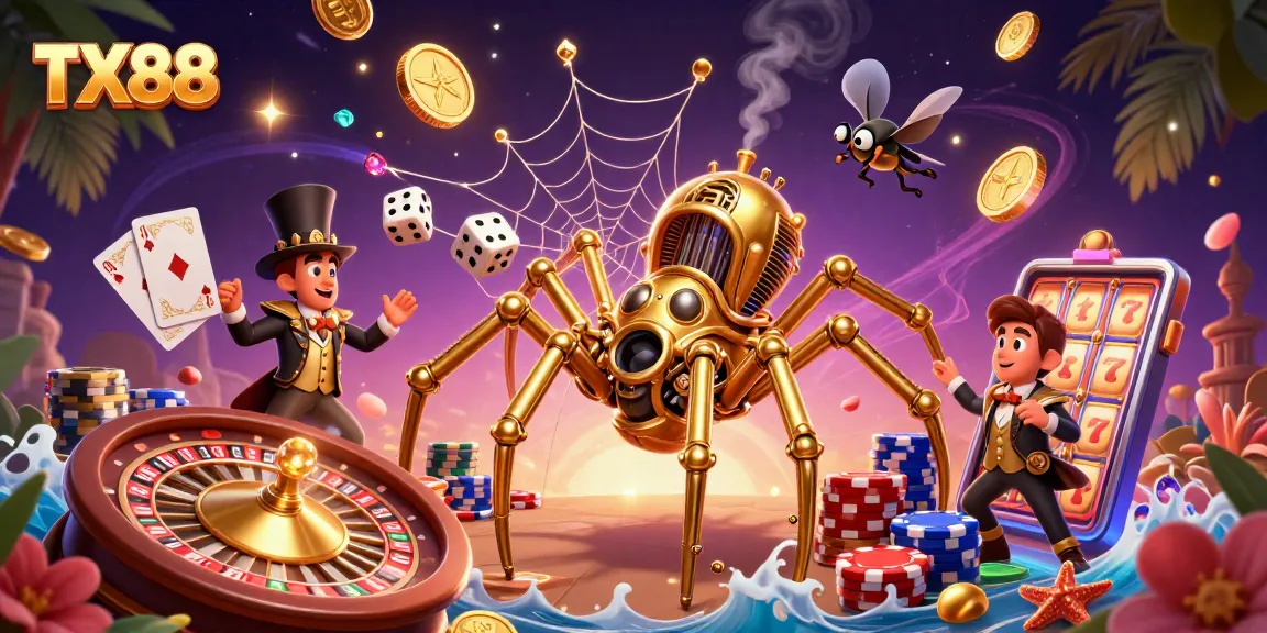 Join the excitement at TX88 with a steampunk spider weaving its golden web in a vibrant casino scene.