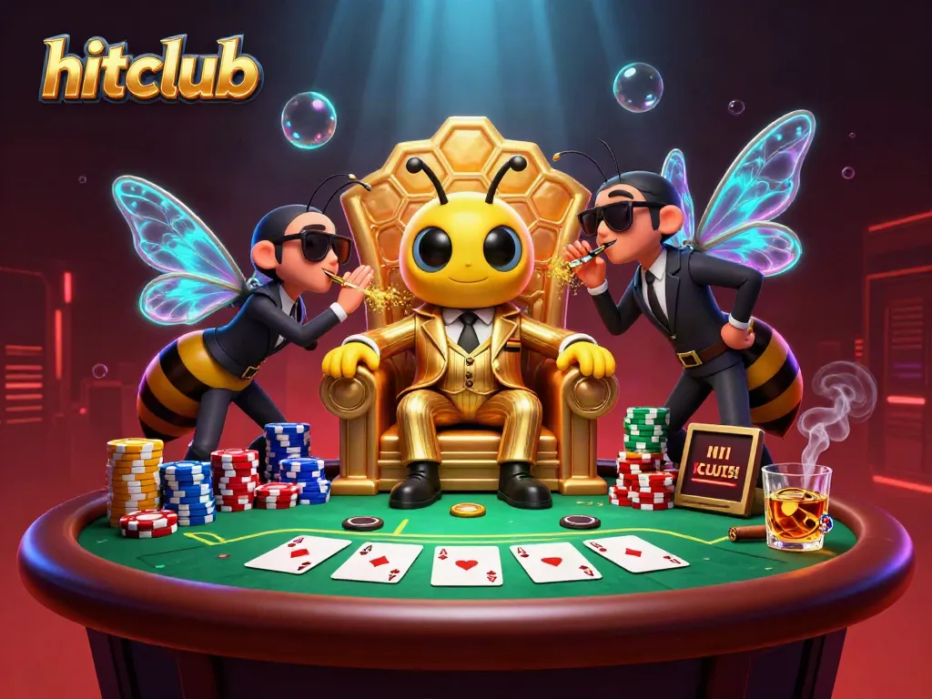 Engage in thrilling poker action with hitclub: A bumblebee mob boss and characters in a dynamic casino scene.