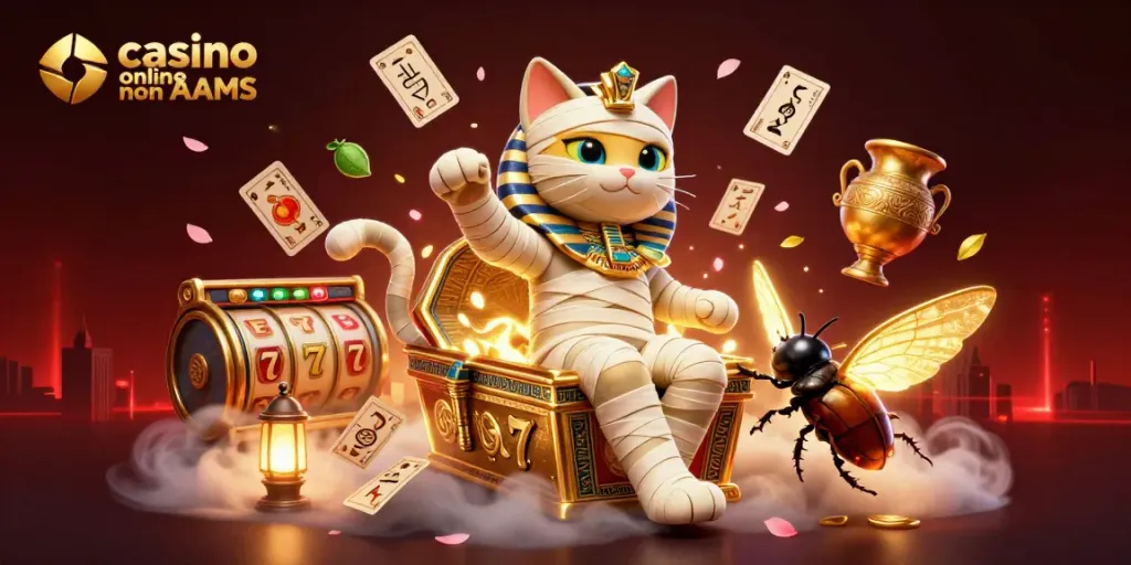 Gioca nei migliori casino online non AAMS con il gatto mummia egiziano e simboli d'oro.