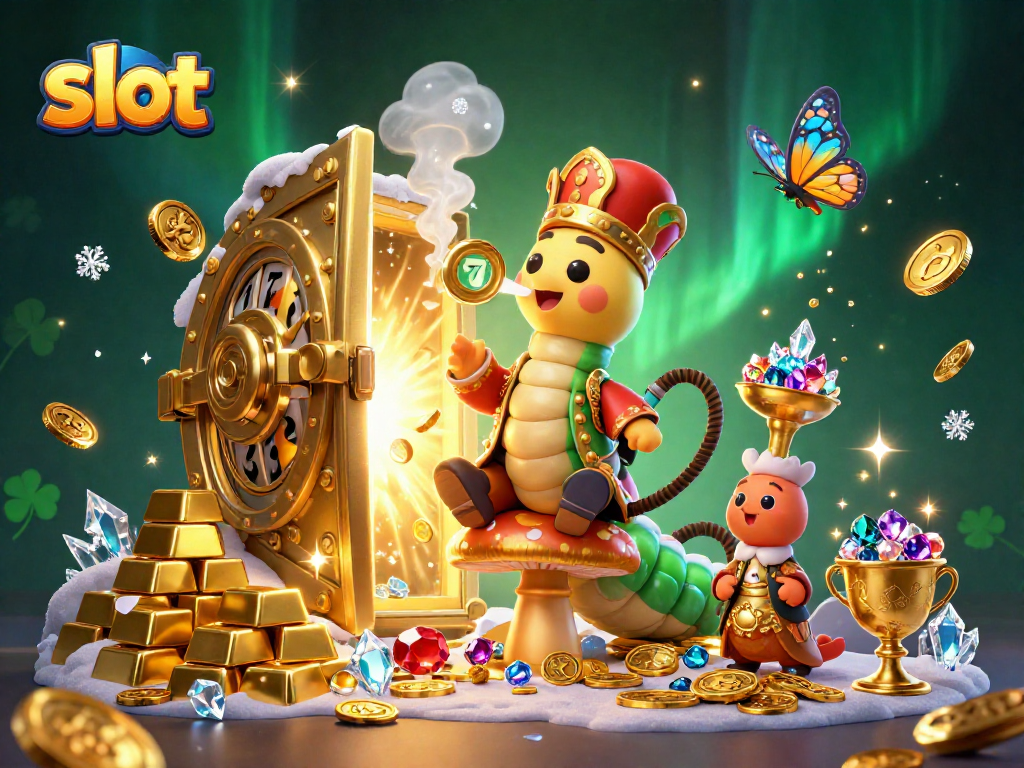 Spinning the slot reels with vibrant visuals, showcasing a whimsical caterpillar master and treasure elements.