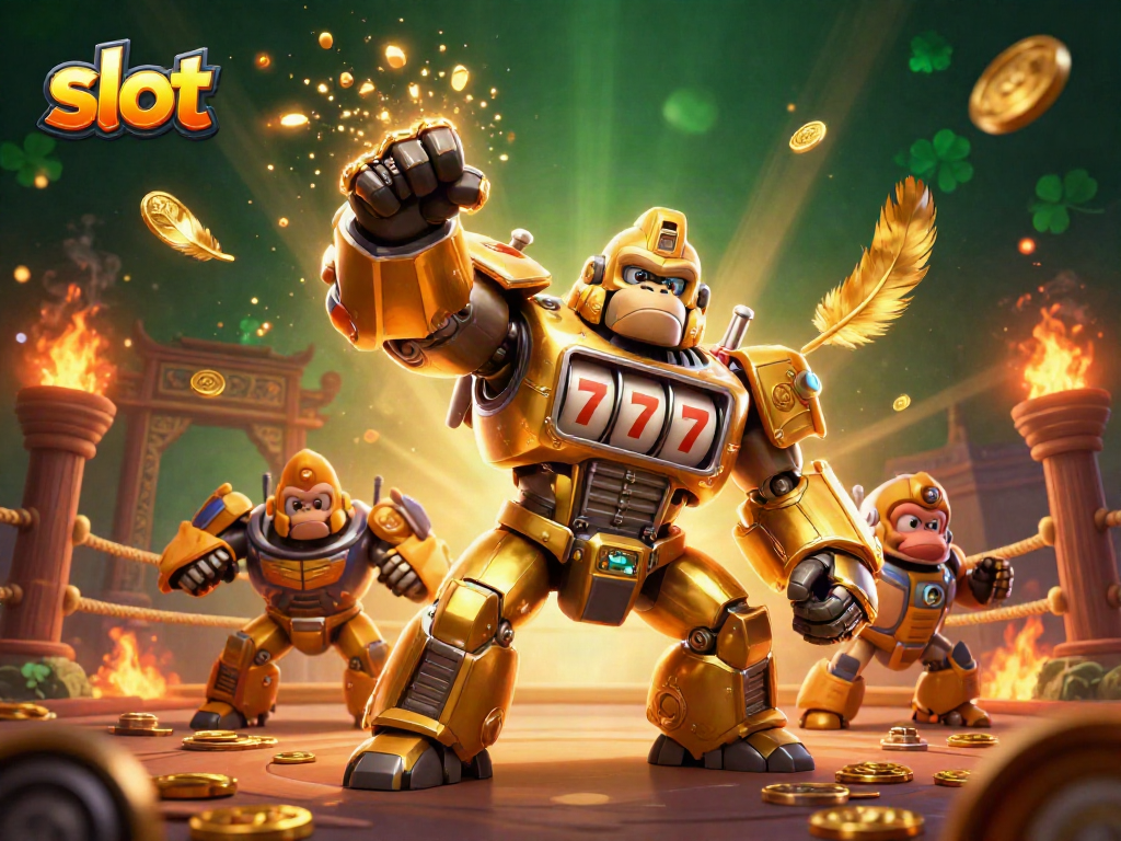Experience the thrill of slots with a golden gorilla mech showcasing slots and winning spins while coins explode.