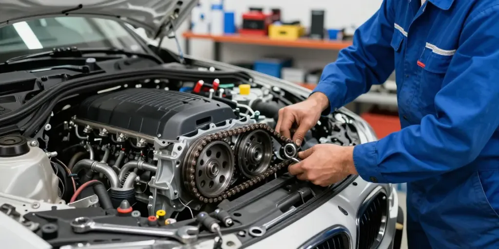 Mechaniker beim BMW Steuerkette wechseln in der Werkstatt.