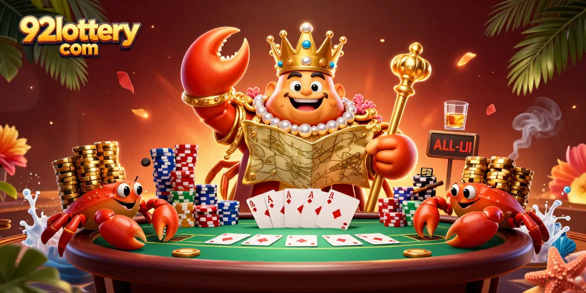 Experience the thrill of winning at 92lottery com with a vibrant illustration of a golden crab emperor amidst poker elements.