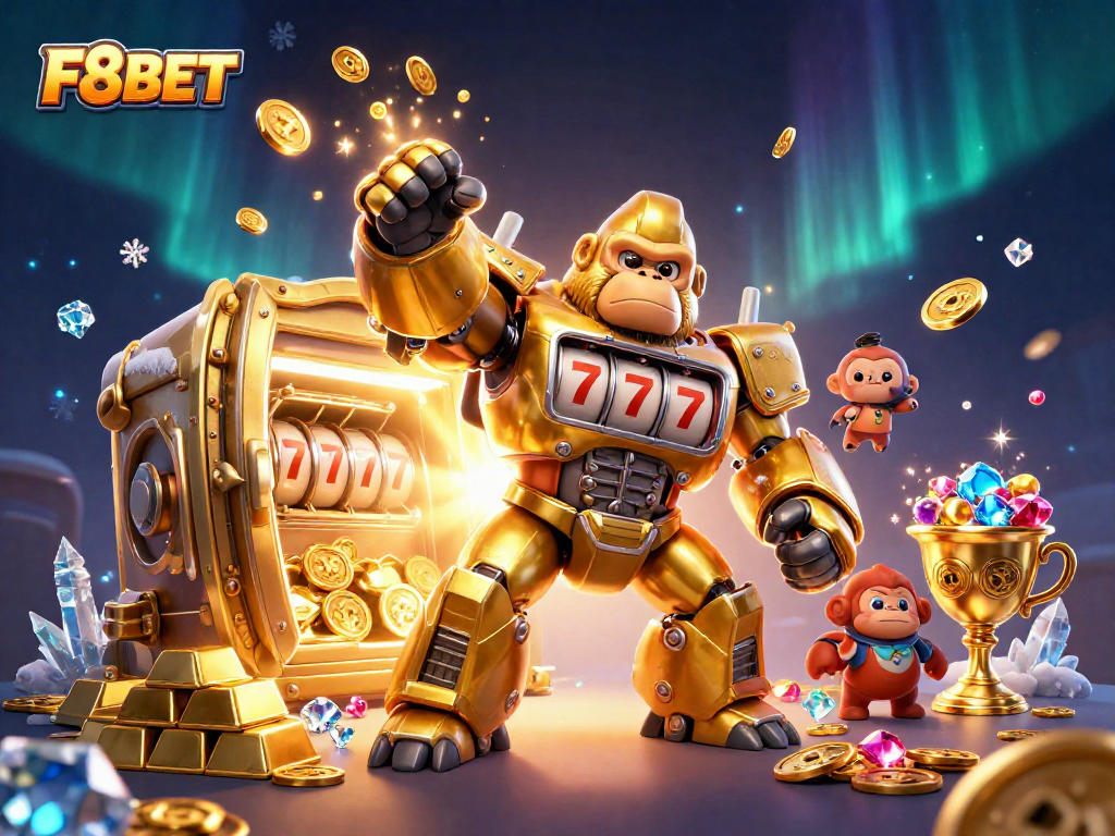 Win big with F8BET's golden adventure in this vibrant casino illustration.