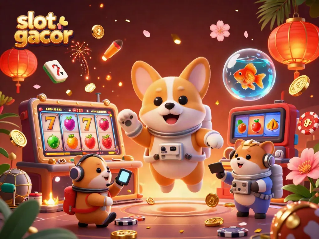 Engaging scene showcasing a floating corgi in a space station casino with slot gacor elements, emphasizing fun and excitement.