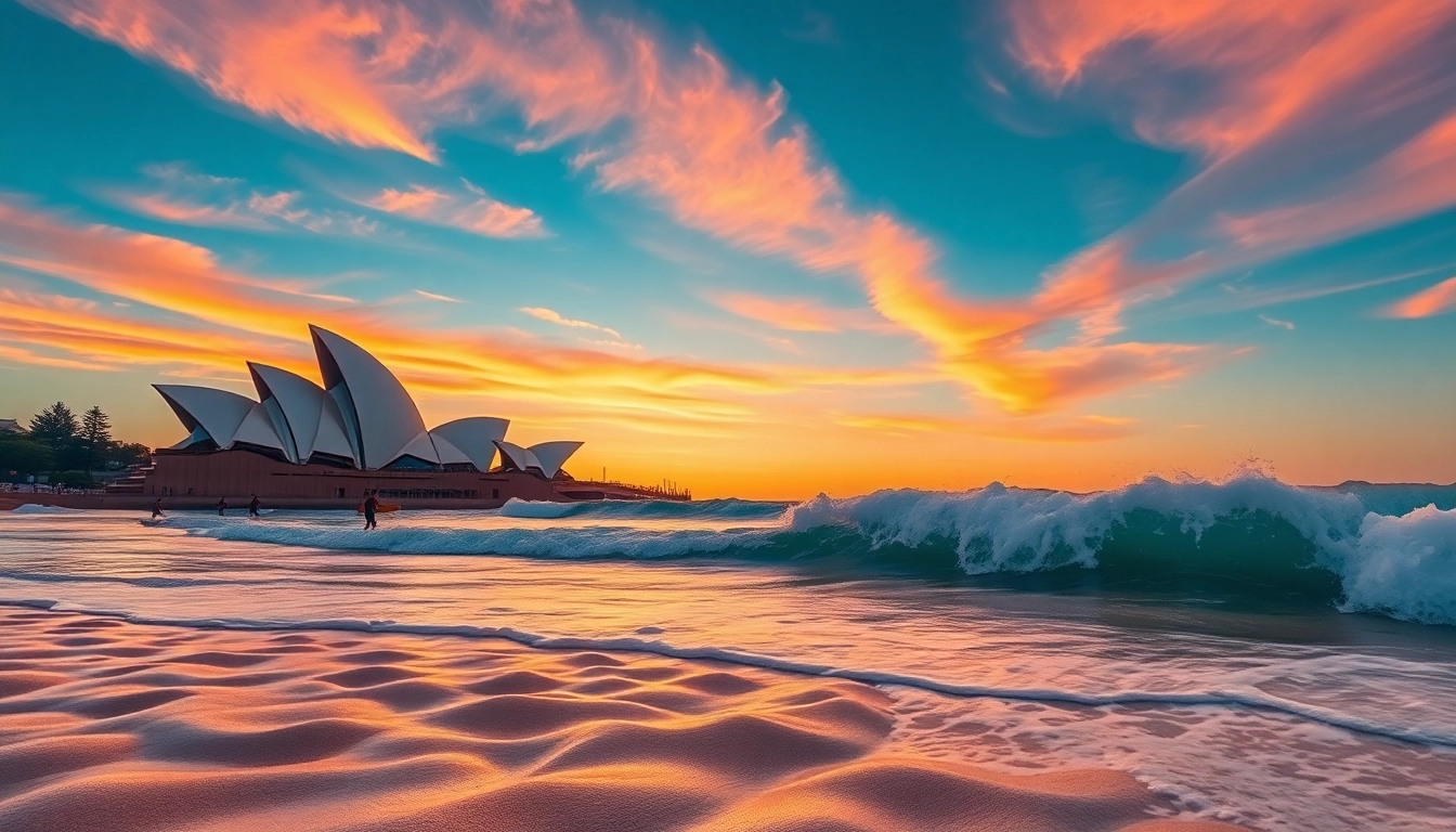 Surfers enjoying Australia's Bondi Beach against a sunset backdrop with the Sydney Opera House.