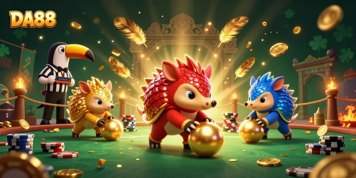 Bowling pangolins in 3D casino scene featuring DA88 amidst poker chips and golden confetti.