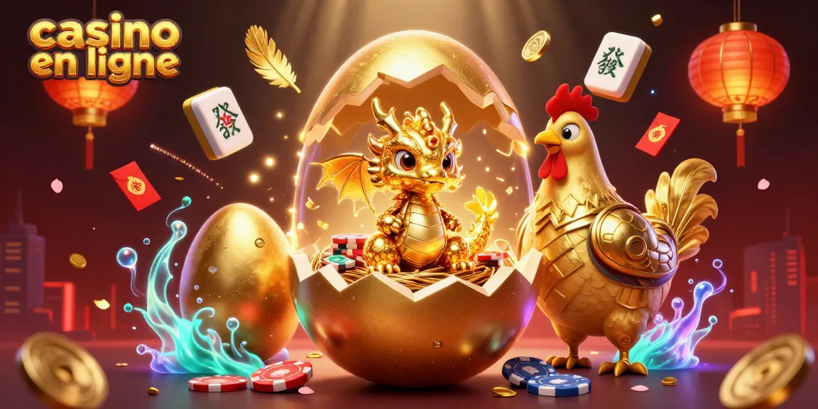 Retrouvez le meilleur casino en ligne avec un dragon doré sur un nid de jetons de poker et des éléments festifs.
