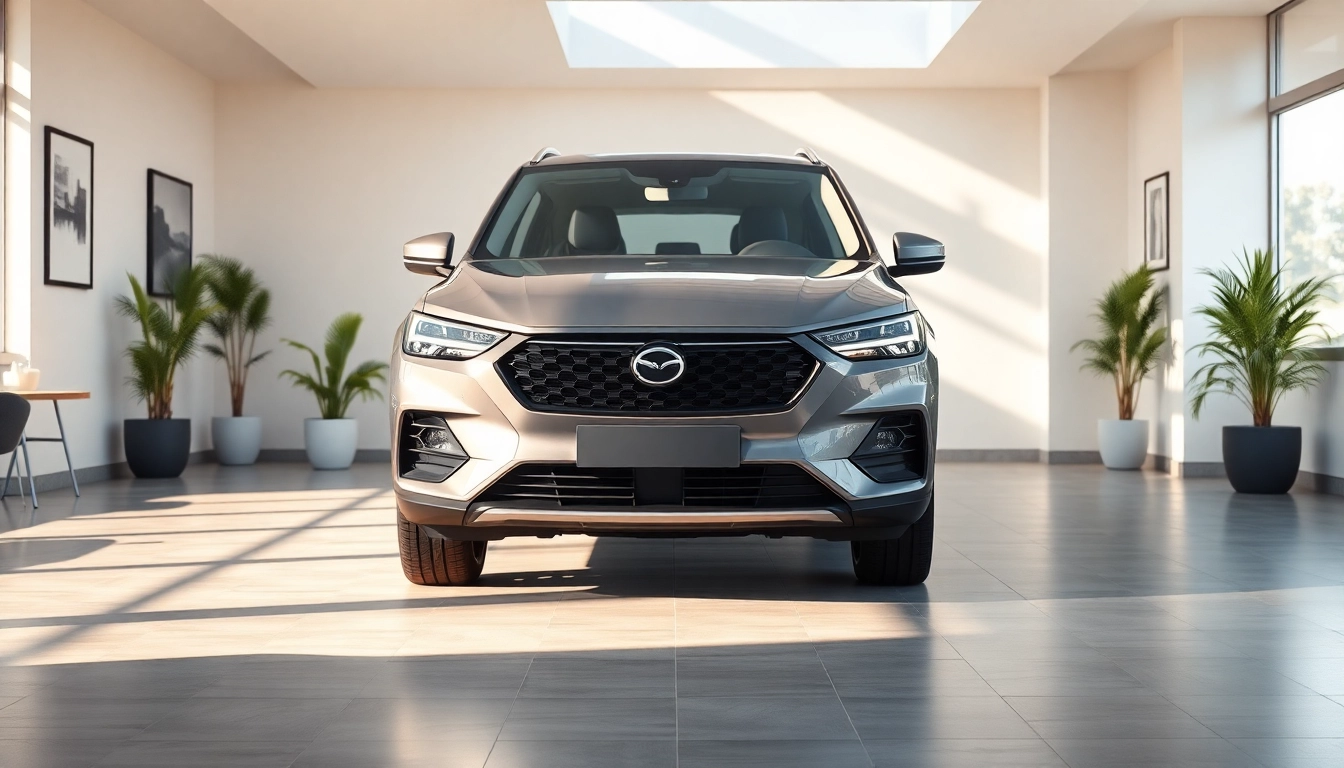 Buy New Car showcased in a stylish showroom, inviting potential customers.