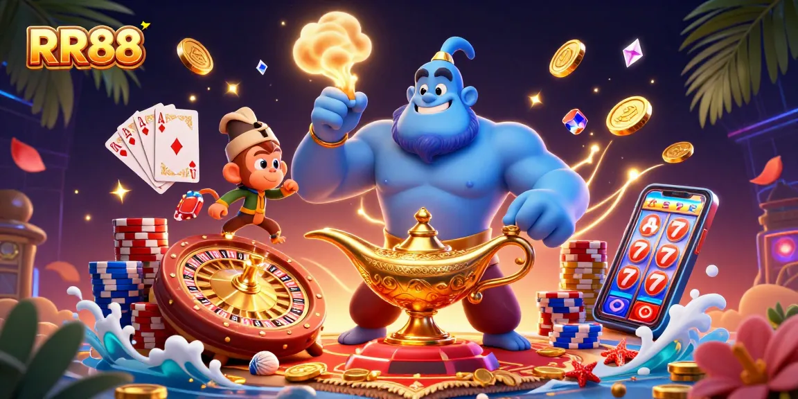 Experience the magic of RR88, where a genie unleashes treasures in a dazzling casino scene.