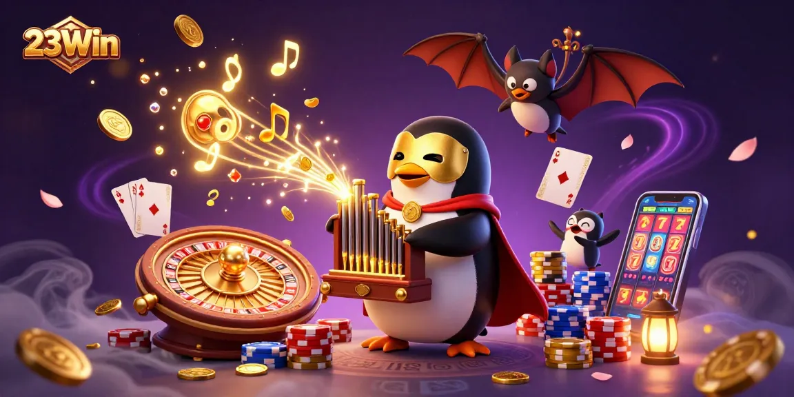 Experience the thrill of winning at 23Win with vibrant casino elements and dynamic characters.
