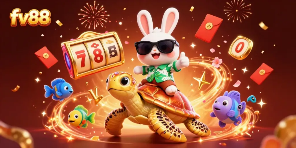 Experience exciting slots at fv88 with a lucky rabbit and golden sea turtle in a vibrant casino scene.