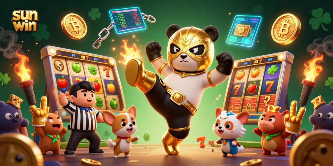 Experience top-tier gaming excitement with sun win as a panda wrestler kicks into action amidst colorful slot elements.