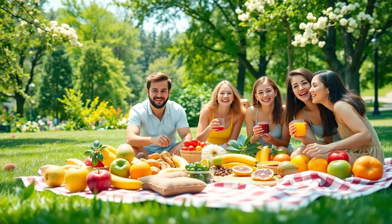 Celebrate a Healthy Life with friends enjoying wholesome snacks outdoors.