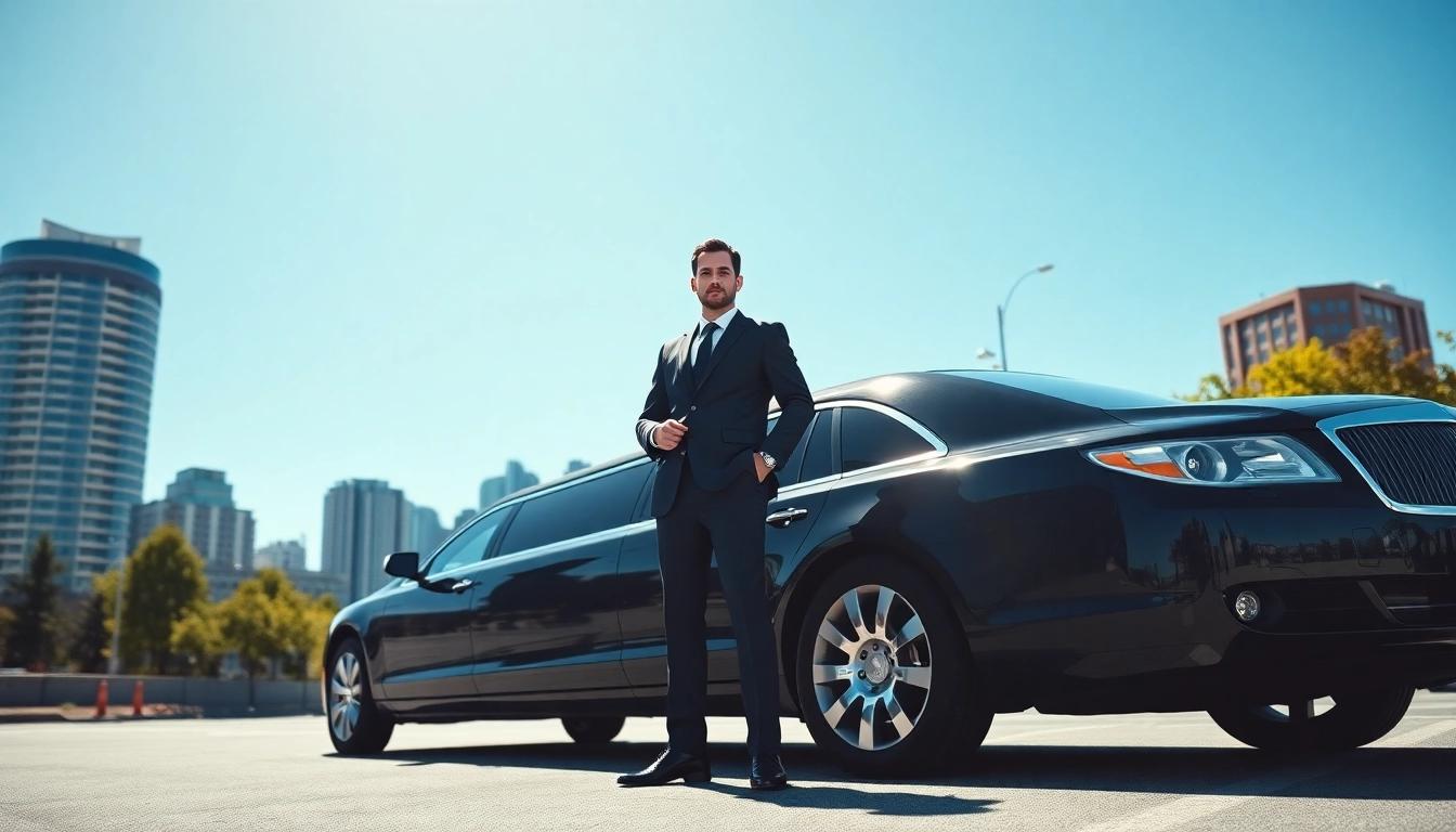 Chauffeur vancouver standing next to a luxury limousine in a vibrant cityscape.