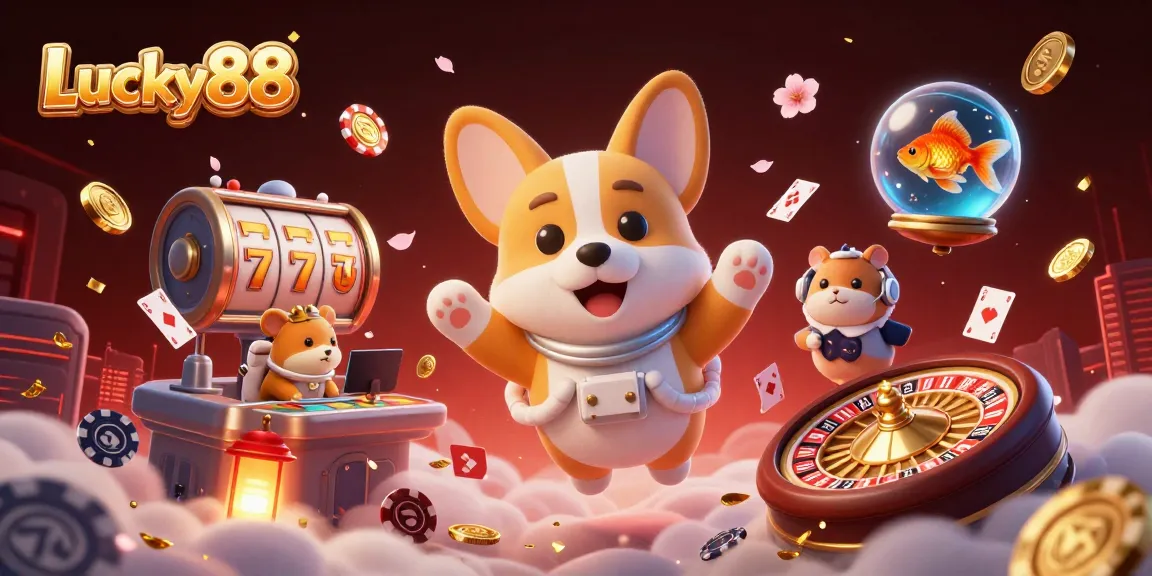 Lucky88 launches excitement with a floating corgi, golden coins, and vibrant casino elements