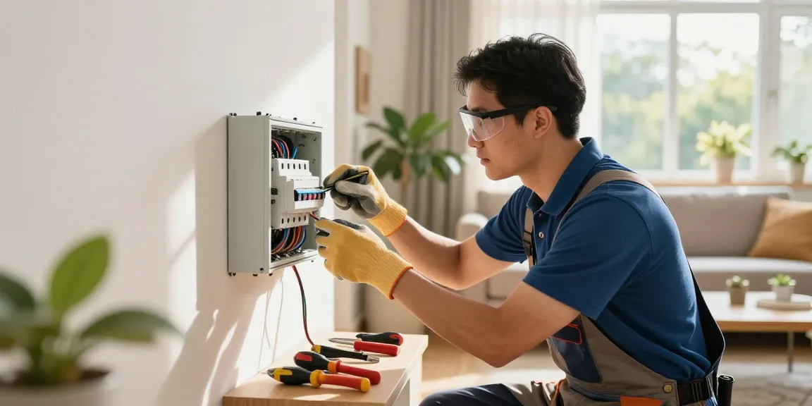 24 hour electrician in Birmingham troubleshooting a circuit panel in a bright home interior.