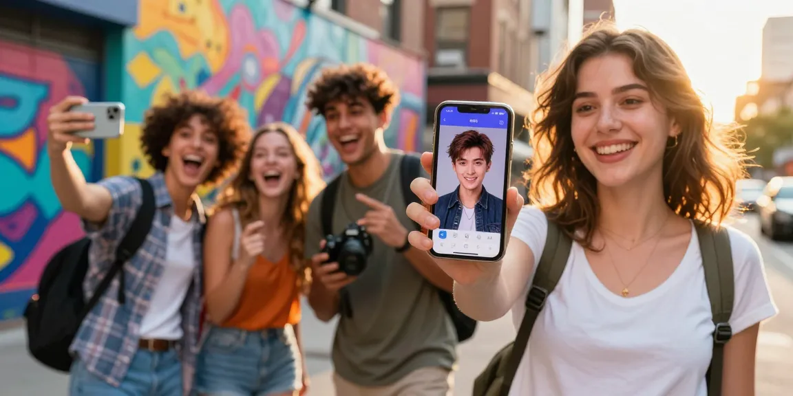 A joyful woman discovering her celebrity look-alike using a mobile app, capturing the fun of celebs I look like in a vibrant urban setting.