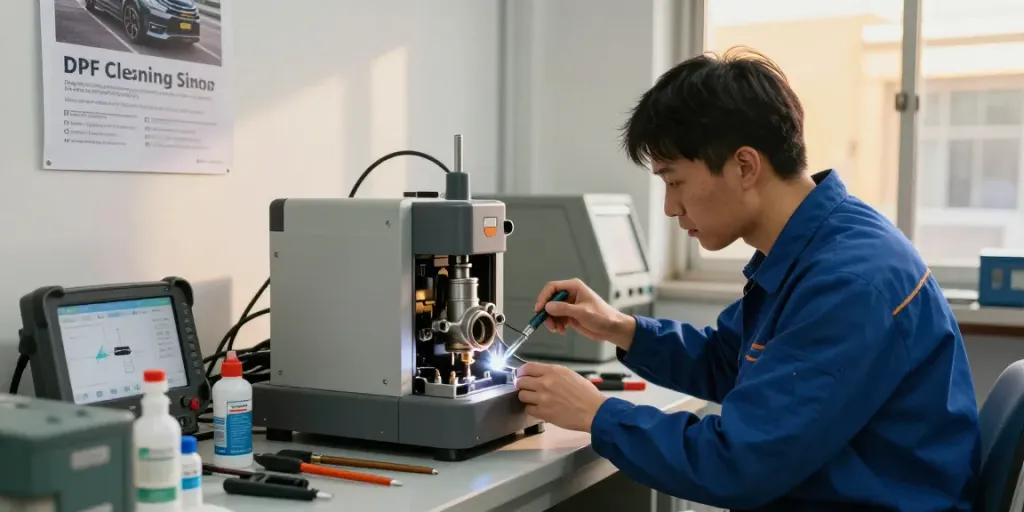 Professionelle DPF Reinigung Hannover in einer Werkstatt mit Mechaniker.