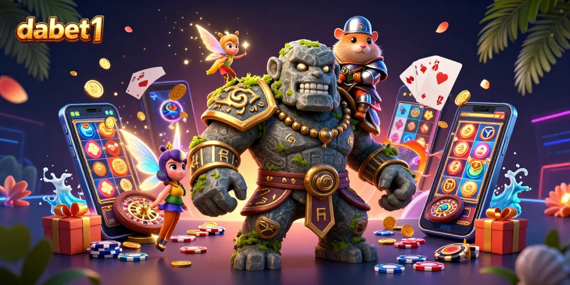 Experience the magical adventures of dabet1 with a golem guardian, fairy magic, and vibrant casino elements.