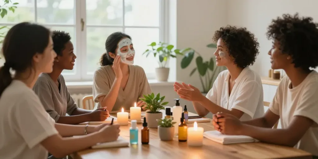 Beauty and wellness products online India showcased in a serene indoor setting with people enjoying self-care.