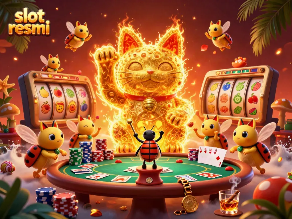 Experience engaging slot resmi gameplay with golden fireflies and a lucky cat amidst casino symbols.