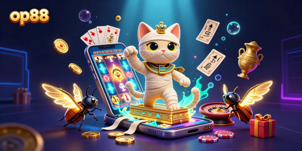 Experience excitement at op88 with an Egyptian mummy cat and glowing scarab in a dynamic casino scene.