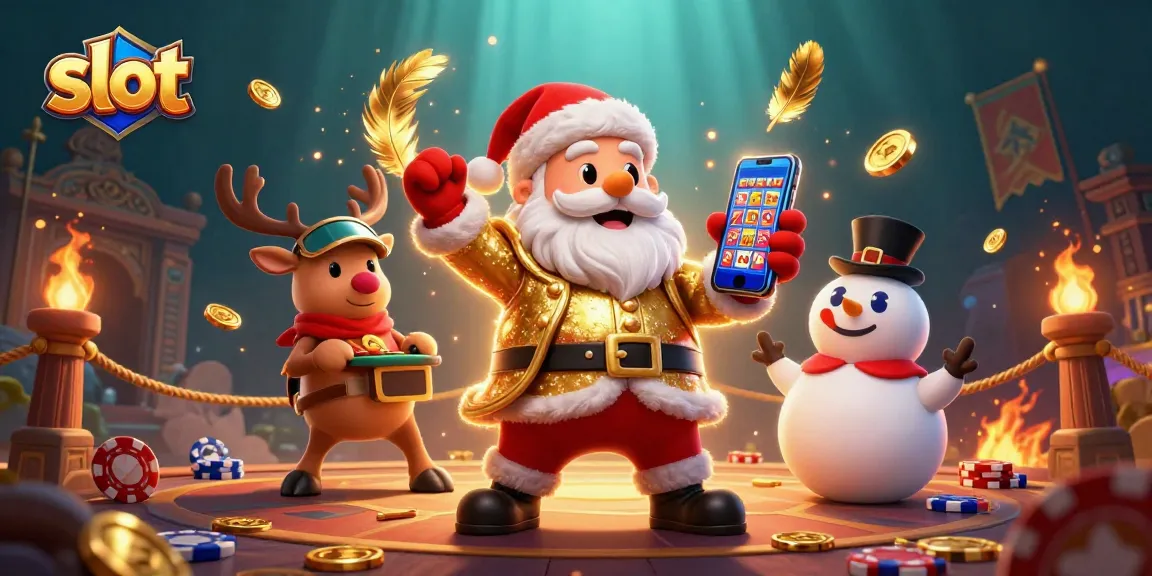 Menangkan jackpot slot dengan karakter Santa, rusa, dan salju, dikelilingi koin emas.
