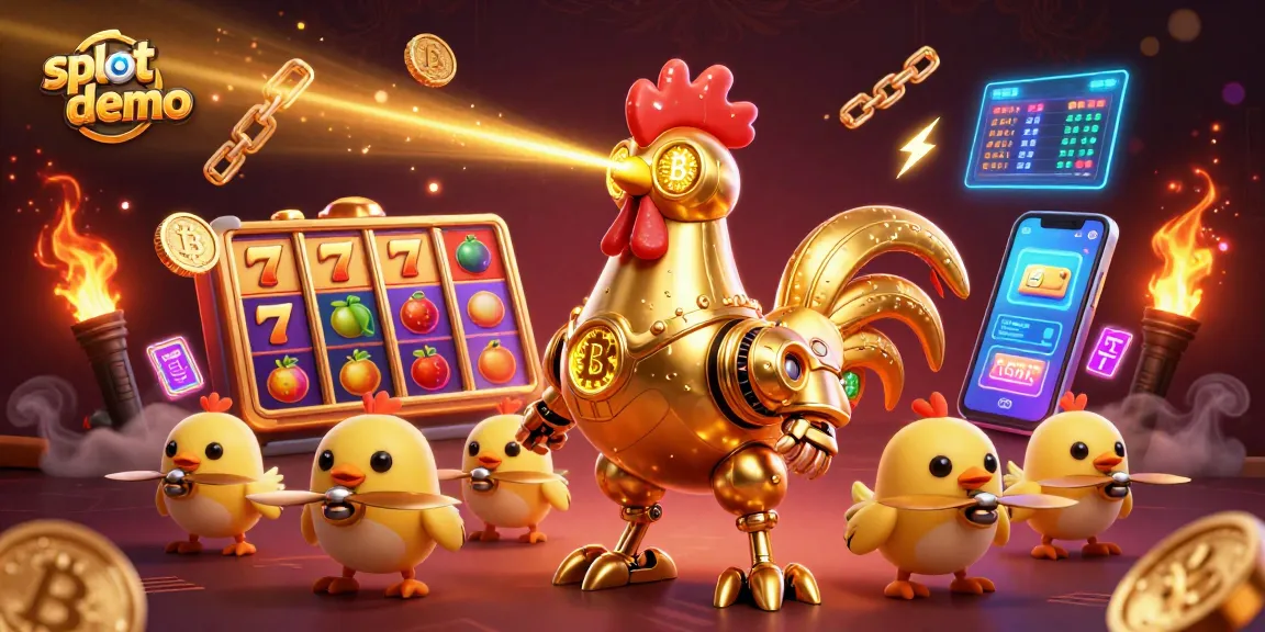 Experience the thrilling slot demo action featuring a golden rooster robot and vivid slot elements.