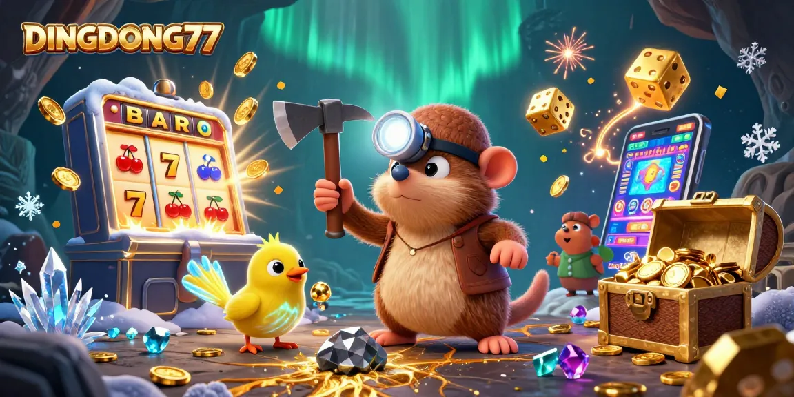 DINGDONG77 jackpot scene with a treasure hunter mole and slot machine in a vibrant casino setting