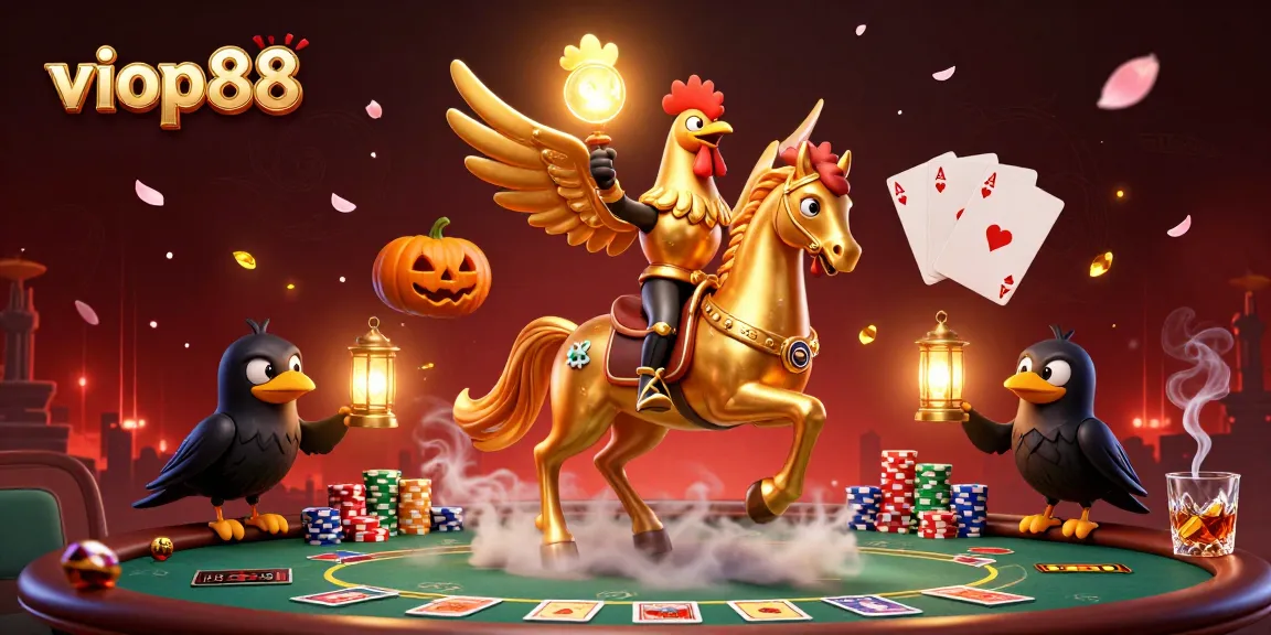 Experience the thrill of viop88 with golden rooster and crows in an illuminated casino scene.