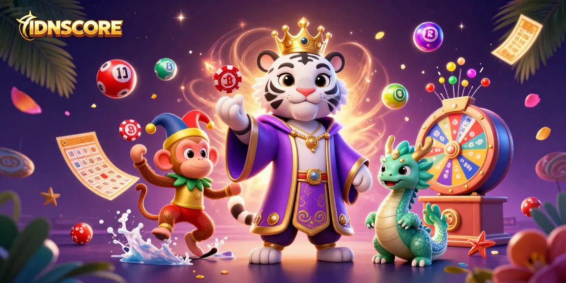 Experience the thrill of IDNSCORE with vibrant casino elements and dynamic characters.