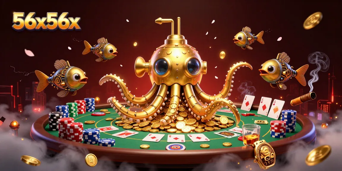 56x56x showcases a golden kraken submarine amid poker elements, immersing players into a vibrant casino experience.