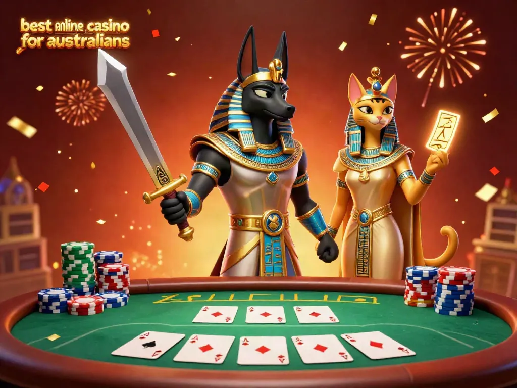 Experience the excitement at the best online casino for australians with Anubis and Bastet surrounded by poker action.
