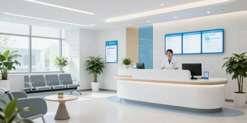 Grey peptide market price insights at a modern health clinic's reception.