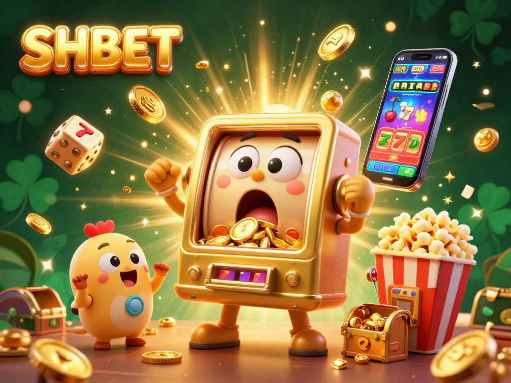 Spin jackpots with SHBET's golden slot machine, cheering baby machines, and a popcorn stand.