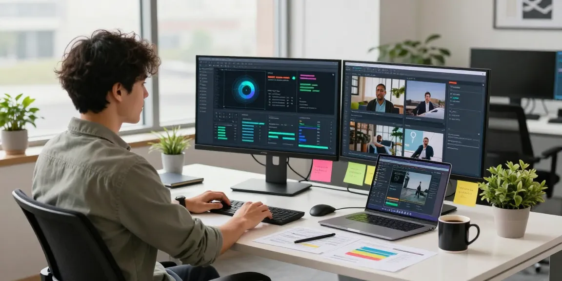 Detect AI image content moderation in a modern workspace with dual monitors and analytical tools.