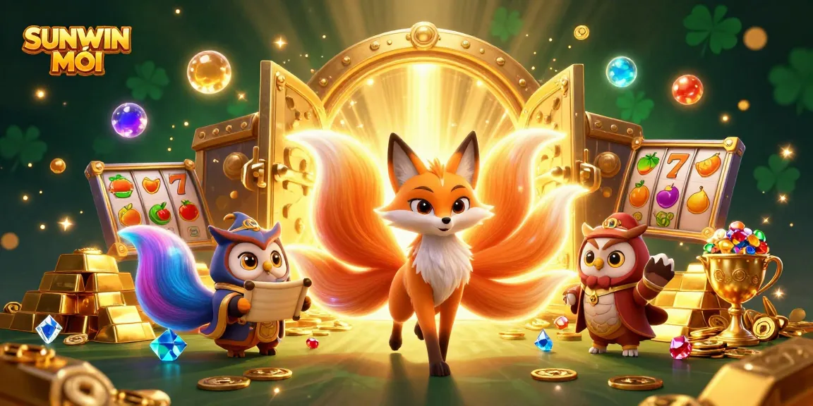 Engage with the vibrant SUNWIN MỚI casino scene featuring a nine-tailed fox and dazzling treasures.