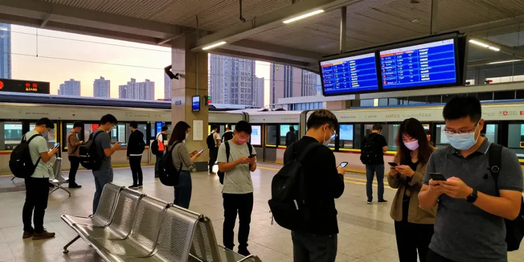 Commuters checking mobile devices for train delays in a busy urban train station.