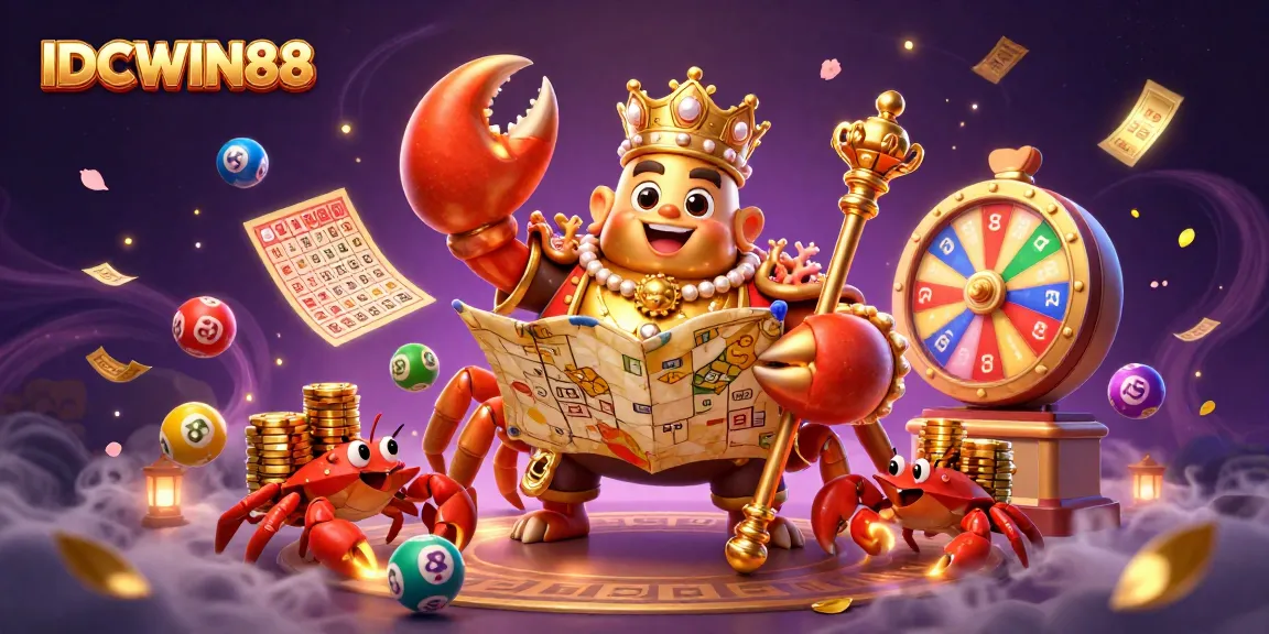 Experience the vibrant world of IDCWIN88 with a golden crab emperor amidst dynamic gaming elements.