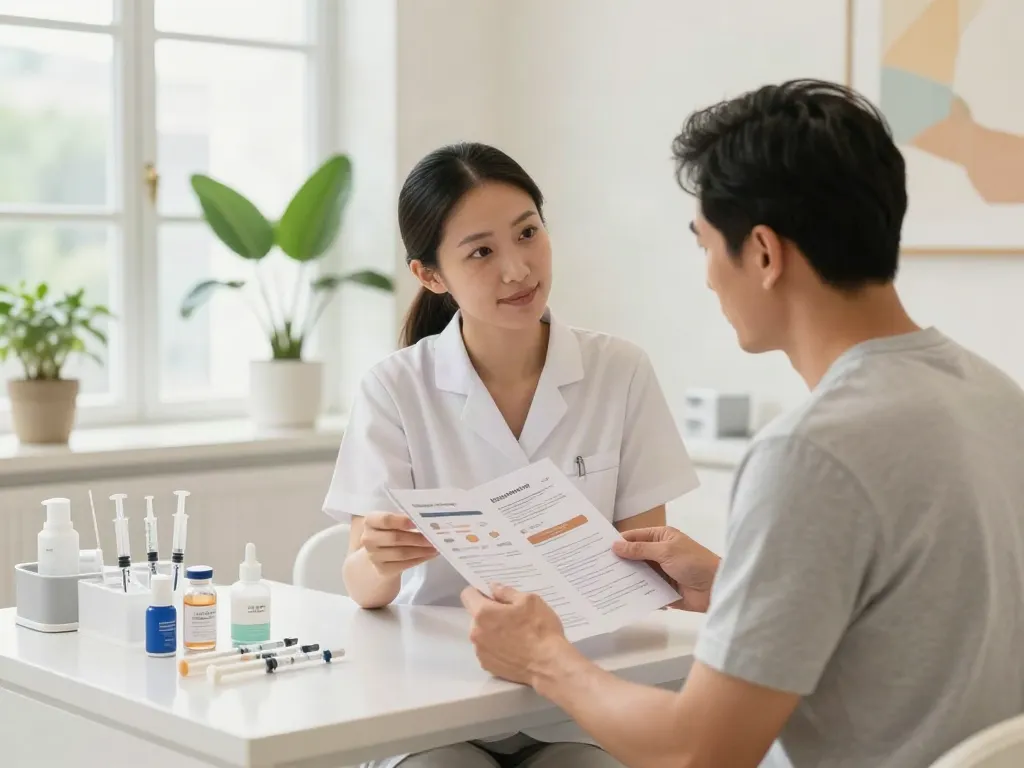 Ästhetikerin erklärt Behandlungsmöglichkeiten zum Augenringe entfernen in einem schönen Beauty-Studio.