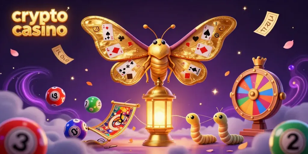 Engage in thrilling games at a vibrant crypto casino with a golden butterfly, dynamic lottery balls, and floating gold.