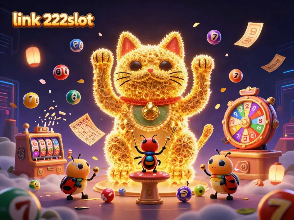 Gambarlah suasana perjudian slot dengan simbol "link 222slot" dan cahaya memukau.