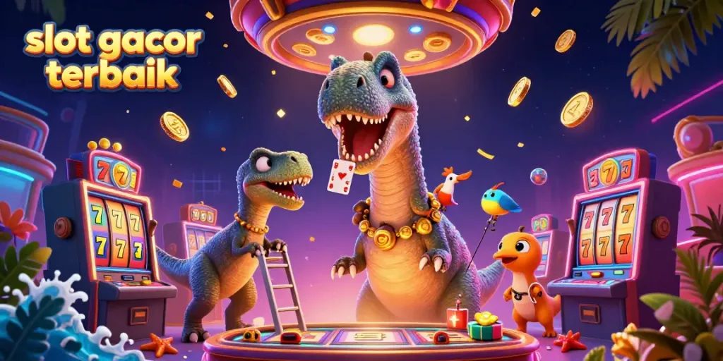 Slot gacor terbaik menampilkan ilustrasi kasino 3D dengan dinosaur dan elemen permainan menarik.