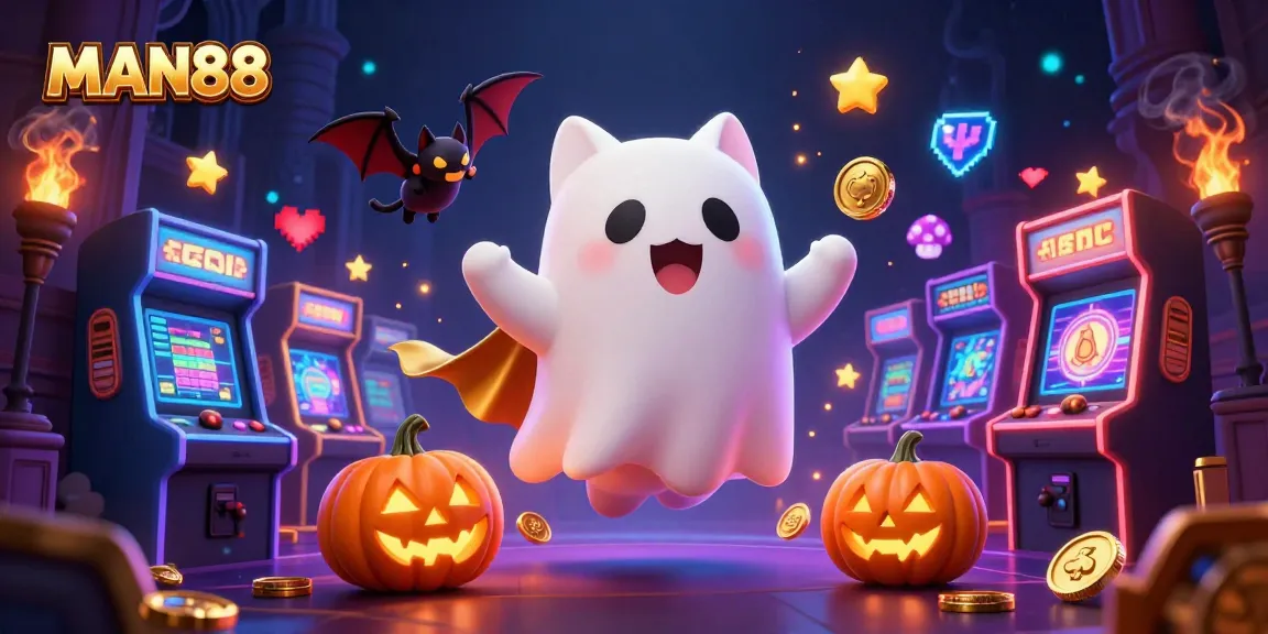 Engage with MAN88's thrilling gambling experience featuring a ghost cat and vibrant casino elements.
