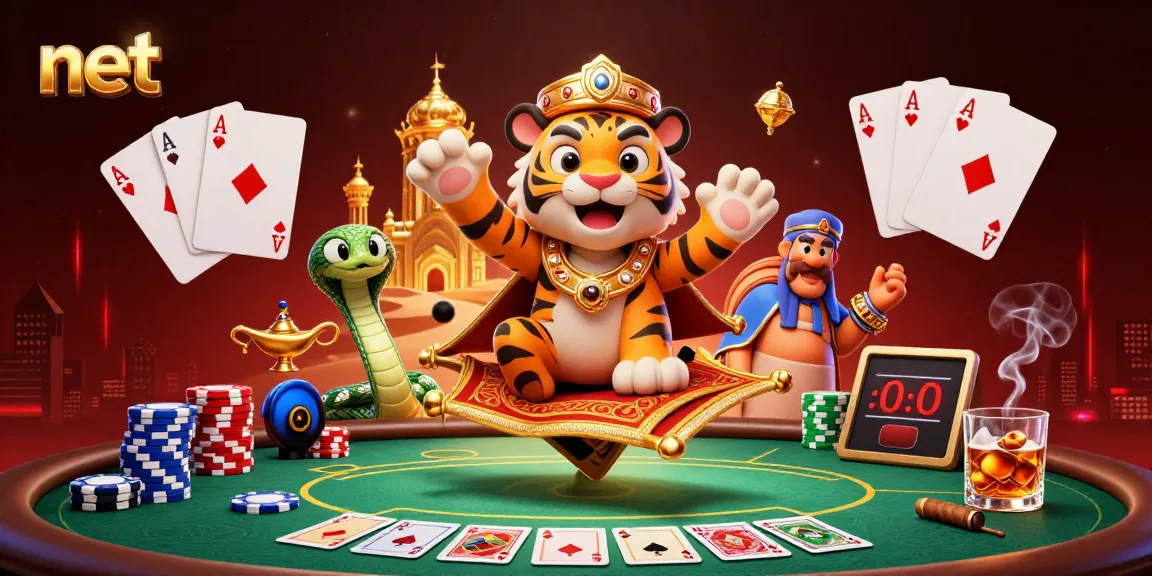 Engage with the thrilling net gaming scene featuring a tiger sultan on a flying carpet among poker elements.