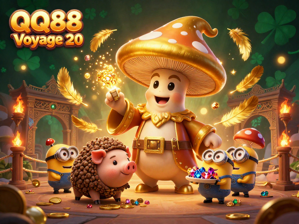 Experience the thrill of QQ88 Voyage 20 as an enchanting golden wizard and friends uncover treasures in a vibrant casino scene.