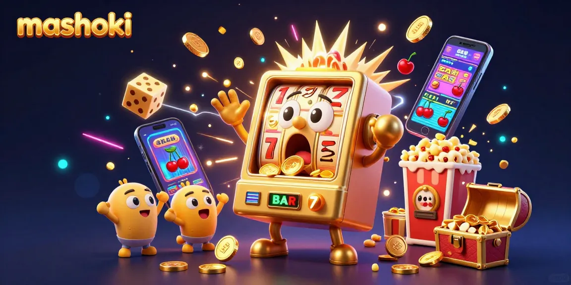Experience mashoki thrills with the jackpot from the animated golden slot machine scene featuring playful characters.