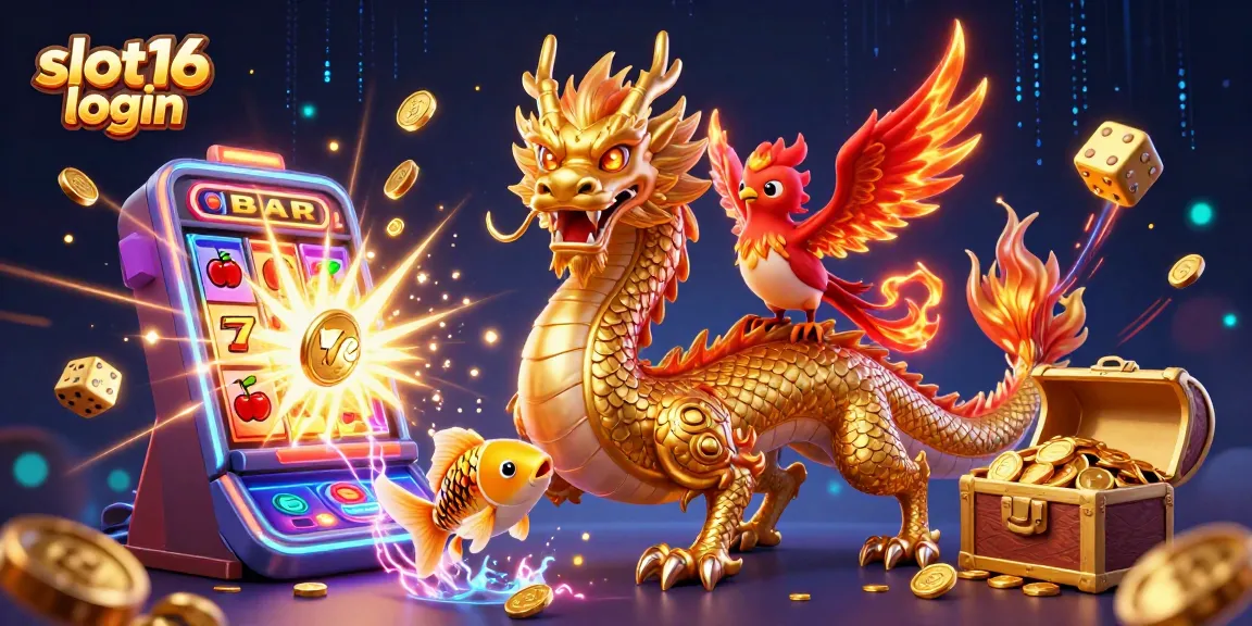 Win big with slot16 login featuring a majestic dragon, phoenix, and lucky koi in a vibrant casino scene.