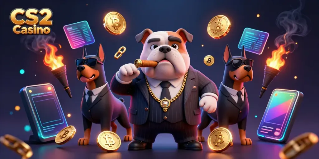 Experience thrilling gaming at CS2 Casino with a mafia bulldog and Doberman bodyguards amid vibrant crypto elements.